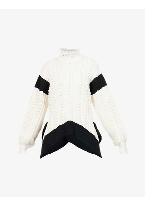 High-neck cable-knit woven jumper