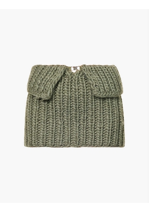 Folded-waist low-rise wool-blend knitted mini skirt