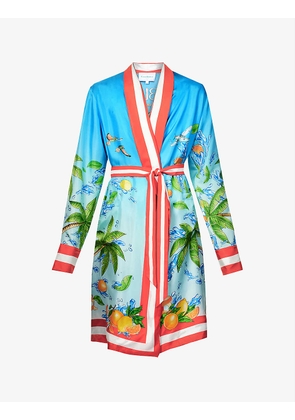 Graphic-print shawl-collar silk robe