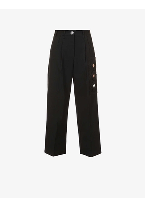 Mirror-embellished straight-leg mid-rise wool trousers