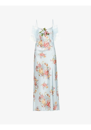 Floral-print ruffled-shoulder silk midi dress