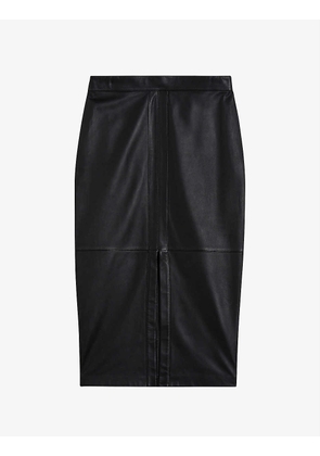 Front-slit leather midi skirt