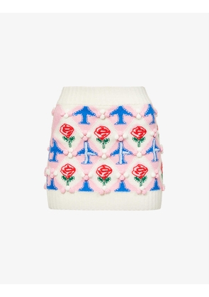 Embroidery-embellished geometric-knit wool mini skirt
