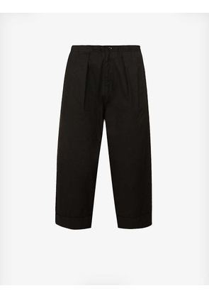 Pleated cropped wide-leg mid-rise cotton trousers
