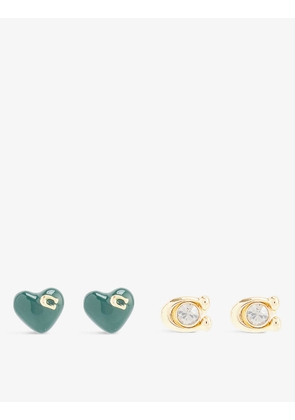 Heart and initial enamel and metal stud earrings pack of two