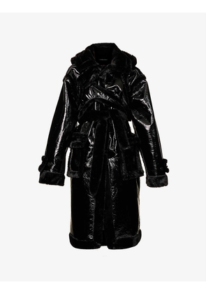 Faux-fur trim belted regular-fit faux-leather coat