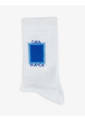 Brand-embroidered ribbed-trim cotton-jersey socks