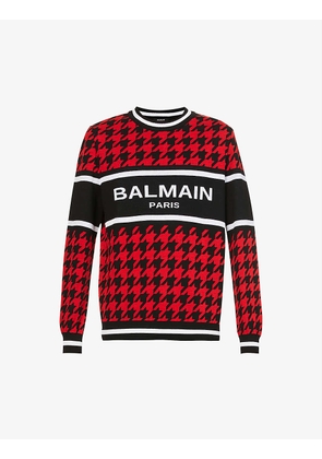 Logo-woven houndstooth-check oversized-fit wool and linen-blend jumper