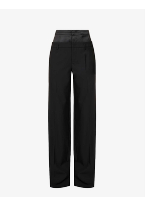 Double-waist brand-patch straight high-rise silk-blend trousers