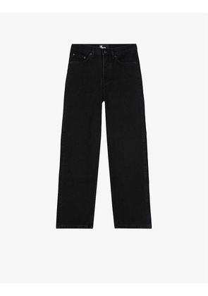 Geometric-embroidery straight-leg high-rise stretch-denim jeans