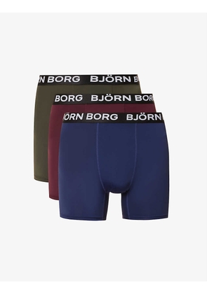 Logo-waistband mid-rise pack of three stretch-recycled polyester boxers