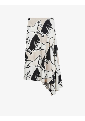 Selenia horse-print asymmetric bias-cut woven midi skirt