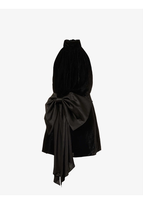 Bow-embellished halter-neck velvet mini dress
