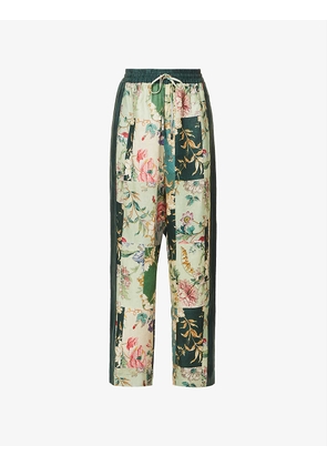 Loretta floral-patchwork straight-leg mid-rise linen trousers