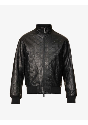 Eagle-debossed leather bomber jacket