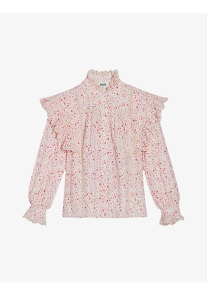 Bloom floral-print ruffle-neck cotton blouse