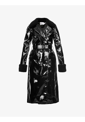 Shearling-trimmed patent faux-leather coat