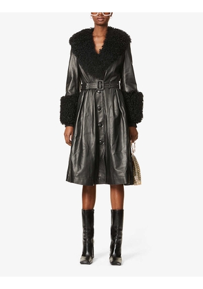 Foxy V-neck shearling-trimmed leather coat