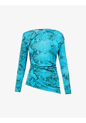 Ruched snake-print woven top