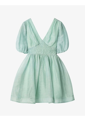 Marca puff-sleeve linen and silk mini dress