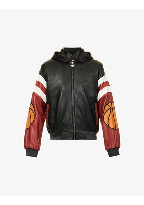 Basketball-appliqué brand-embroidered boxy-fit leather jacket