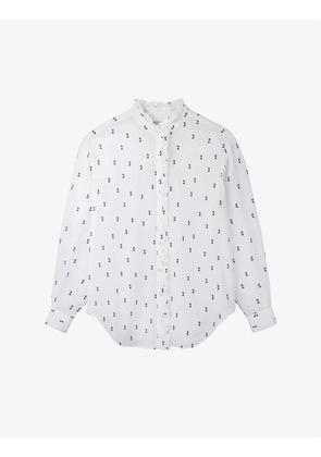 Floral-print frill-neck cotton blouse