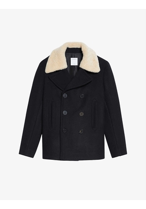 Double-breasted shearling wool-blend pea coat
