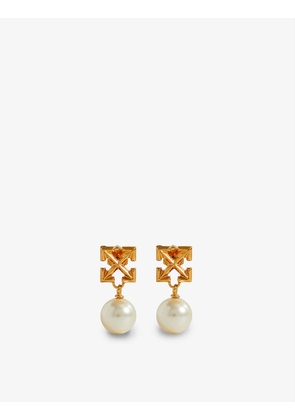 Arrow-logo brass and pearl drop earrings