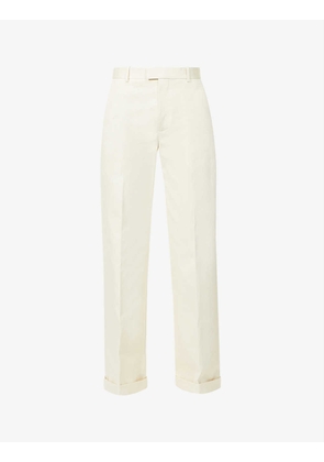 Structured-waistband wide-leg mid-rise cotton trousers