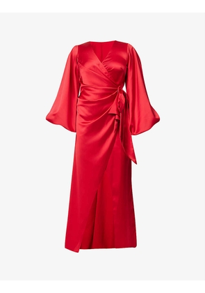 Wrap-over V-neck satin gown