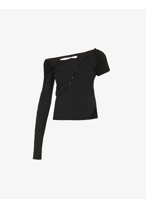 Off-the-shoulder exposed-seam stretch wool-blend jacket
