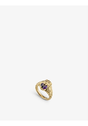 Lion head 18ct yellow-gold, 0.01ct diamond and amethyst ring