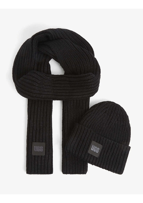 Logo-patch knitted beanie hat and scarf set