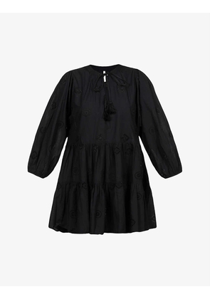 Embroidered puff-sleeves cotton mini dress