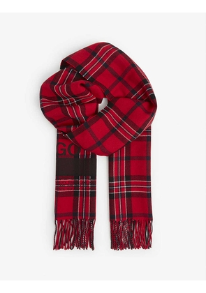 Tartan-pattern tasselled wool-blend scarf
