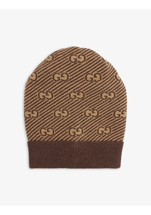 Gucci Boys Beige and Brown Wool Monogram GG Supreme Branded Beanie, Size: L