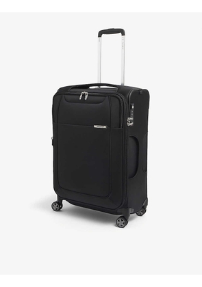 Spinner branded woven suitcase