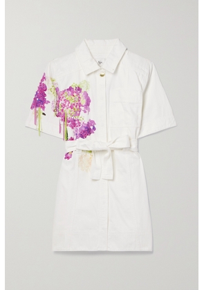 Aje - Belted Embellished Printed Denim Mini Shirt Dress - White - UK 4,UK 6,UK 8,UK 10,UK 12,UK 14,UK 16