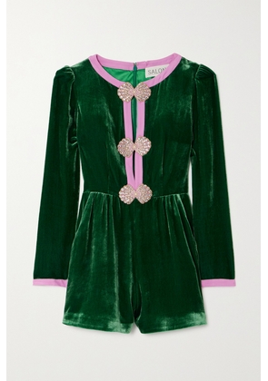 Saloni - Camille Embellished Silk Crepe-trimmed Velvet Playsuit - Green - UK 4,UK 6,UK 8,UK 10,UK 12,UK 14,UK 16