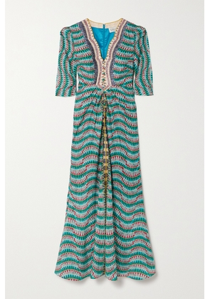Saloni - Mitsu Gathered Printed Silk Midi Dress - Green - UK 4,UK 6,UK 8,UK 10,UK 12,UK 14,UK 16