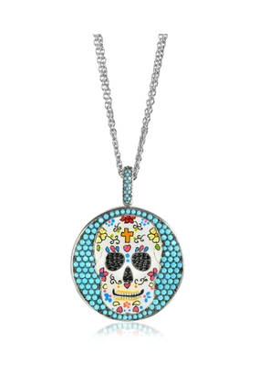 Calavera Skull Charm Rhodium Plated Sterling Silver Pendant Necklace