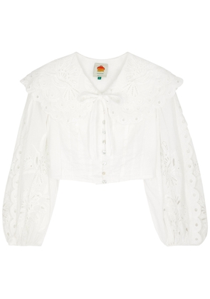 Farm Rio Richelieu Cropped Cotton Blouse, Dress, Pintuck Details - Off White - XS