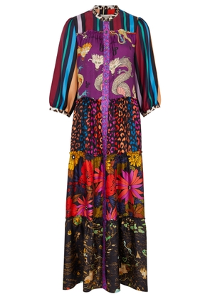 LA Prestic Ouiston Flore Patchwork-print Silk-satin Maxi Dress - Purple - 1