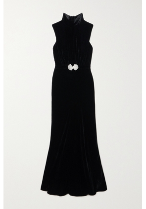 Saloni - Fleur Embellished Velvet Midi Dress - Black - UK 4,UK 6,UK 8,UK 10,UK 12,UK 14,UK 16