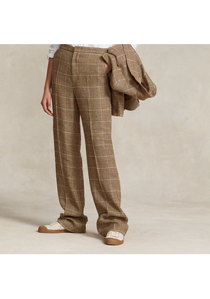 Plaid Linen-Silk Straight-Leg Trouser
