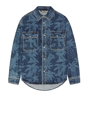 Palm Angels All Over Laser Denim Shirt in Blue - Blue. Size S (also in L, M).