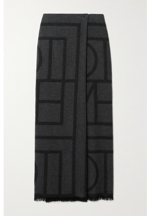 TOTEME - Frayed Printed Wool-twill Maxi Wrap Skirt - Gray - DK32,DK34,DK36,DK38,DK40,DK42