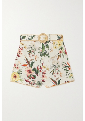 Zimmermann - + Net Sustain Lexi Raffia-trimmed Belted Printed Linen Shorts - Ivory - 00,0,1,2,3,4