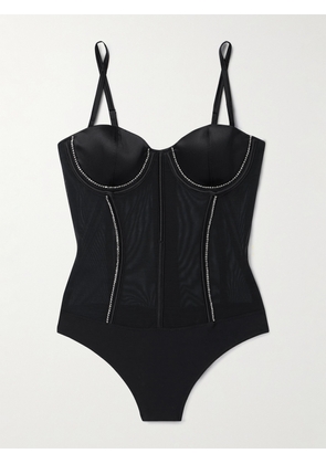 Fleur du Mal - + Net Sustain Brilliant Silk-blend Satin-trimmed Stretch Recycled-jersey And Mesh Bodysuit - Black - x small,small,medium,large