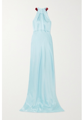 Saloni - Michelle Velvet-trimmed Hammered-silk Maxi Dress - Blue - UK 4,UK 6,UK 8,UK 10,UK 12,UK 14,UK 16